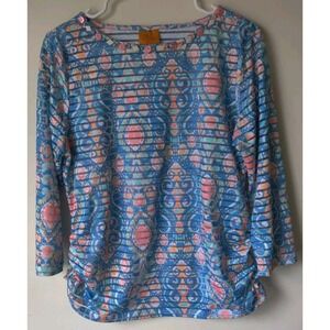 Ruby‎ Rd. Women Petite SP Multicolor Sheer Stripe 3/4 Sleeve Beaded Ruched Side